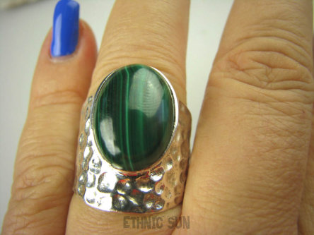 bpe6570 DUZY cudny Pierścień szeroka obrączka Malachit - pobudza kreatywność r.17 Srebro 925 #