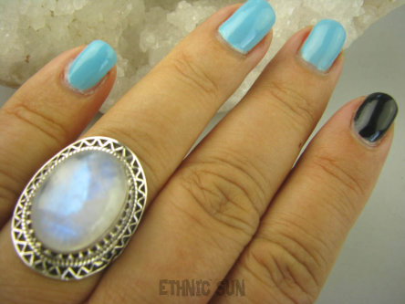 bpe6362 Niebiesko Chabrowa Egzotyczna piękność Pierścień Kamień Księżycowy r.17 Srebro 925 #