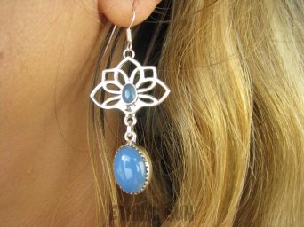 bke1177 Długie 6cm lekkie cudowne ażurowe kolczyki Kwiat Lotosu - talizman wiecznej młodości !!! Tak piękne Chalcedon SREBRO 925