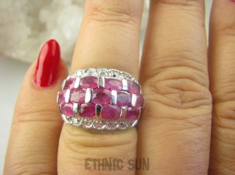 bpee4285  Lux OBŁĘDNA Delikatny Pierścień Obrączka Pierścionek naturalne Rubiny Birmańskie, oraz Cyrkonie r.15 SREBRO RODOWANE 925 #
