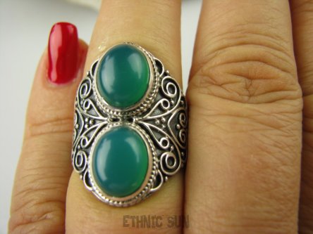 bpe6881 Magiczny Pierścień zielony ONYKS regeneruje SERCE, EGZEMY, PAMIĘĆ r.17 zdobiona obrączka Srebro 925 #