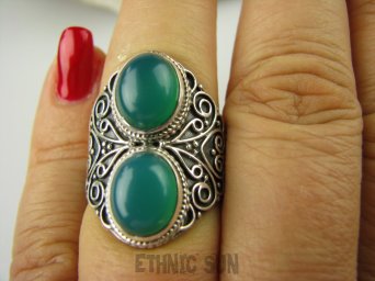 bpe6881 Magiczny Pierścień zielony ONYKS regeneruje SERCE, EGZEMY, PAMIĘĆ r.17 zdobiona obrączka Srebro 925 #