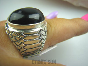 bpe4977 BAŚNIOWY KLEJNOT - Piękny Pierścień czarny Onyks -  regeneruje SERCE, EGZEMY, PAMIĘĆ zdobiona obrączka r.22/ r.23 Srebro 925 #