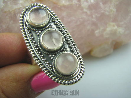 bpe4951 DUŻY DŁUGI 3.8 cm ! Pierścień Potrójny KWARC RÓŻOWY - kamień mocnego serca (czakra serca) r.17 Srebro 925 #