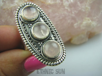 bpe4951 DUŻY DŁUGI 3.8 cm ! Pierścień Potrójny KWARC RÓŻOWY - kamień mocnego serca (czakra serca) r.17 Srebro 925 #