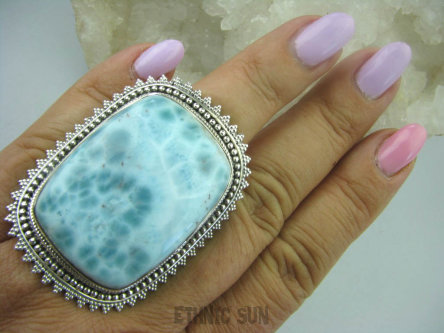 bpe6141  NIESAMOWITY PIĘKNY GIGANT 41 gramów !!!! Długi 4.8 cm / 3.6 cm Niebiański Pierścień RZADKI Anielski kamień Błękitny LARIMAR - stawy, serce lęki, otwiera czakrę gardła r.18 Srebro 925 #