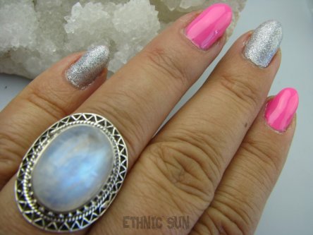 bpe5952 NIESAMOWIY BLASK - Cudowny barwny Pierścień Niebieski KAMIEŃ KSIĘŻYCOWY r.16/ r.17 Srebro 925 #