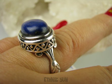 bpe6473 Cudny Wysoki PIERŚCIEŃ Granatowy Lapis Lazuli - strażnik prawdy i mądrości r.20 Srebro 925 #