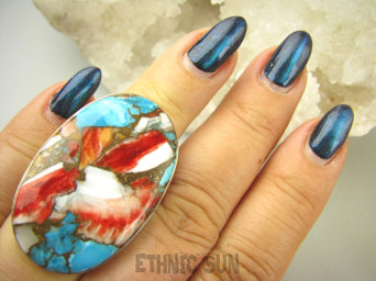 bpe9004 Wielobarwny Gigant 4cm/ 2.6cm Pierścień OSTRYGOWY TURKUS MIEDZIANY TOSTRYGA Muszla złota MIEDZ r.14 Srebro 925 #