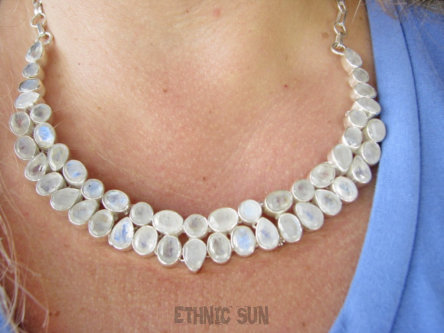 bn1604 ALE CUDO KOMPLET aż 62 gramy srebra z kamieniami PODWÓJNA kolia + kolczyki szlifowany Kamień Księżycowy  LUX Duży regulowany Naszyjnik 50 sztuk kamieni Srebro 925 #