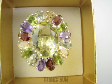 bpee4643 Wooow BOSKO PIĘKNY WIELOBARWNY Lux Pierścień Pierścionek naturalny Cytryn Lemon, Ametyst, Granaty, Oliwin, Blue Topaz r.19 SREBRO 925 #