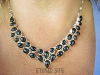 bn1593 Komplet biżuterii naszyjnik i kolczyki 43 gramy Przepiękna Kolia Regulowany max 48cm Naszyjnik Czarny Onyks Srebro 925 #