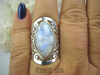 bpe5104 Cudowny Ażurowy Pierścień Kamień Księżycowy r.17 Lśniące Kute, Szeroka Obrączka Srebro 925 #