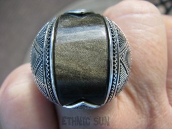 bpe5680 Cudowny FENOMENALNY OKAZ - MAROKAŃSKI DUŻY PIERŚCIEŃ OBSYDIAN ZŁOCISTY z Meksyku - chroni przed zawiścią, „złym spojrzeniem” i przed pechem ) r.25/r.26 Duży Rozmiar Maroko Srebro 925 #