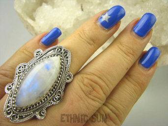 bpe6645 BAŚNIOWY KLEJNOT - Piękny Długi Regulowany Pierścień Kamień Księżycowy r.18, r.19, r.20, r.21, r.22, r.23 Srebro 925 #