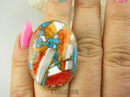 bpe8874 Wielobarwny Duży Pierścień Pierścionek OSTRYGOWY TURKUS MIEDZIANY TOSTRYGA Muszla złota MIEDZ r.13 Srebro 925 #